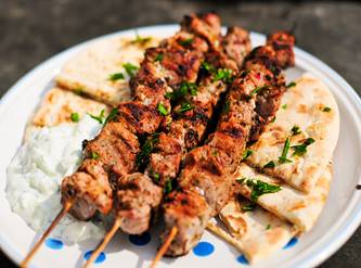 Grilling: Pork Souvlaki with Pita and Tzatziki Recipe